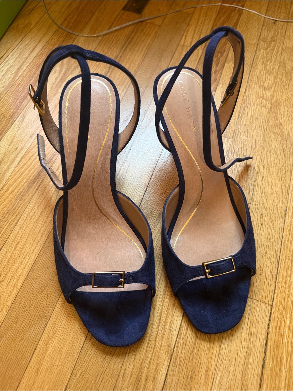 Cole Haan Navy Suede Open-Toe Slingback Heels with Gold Buckle